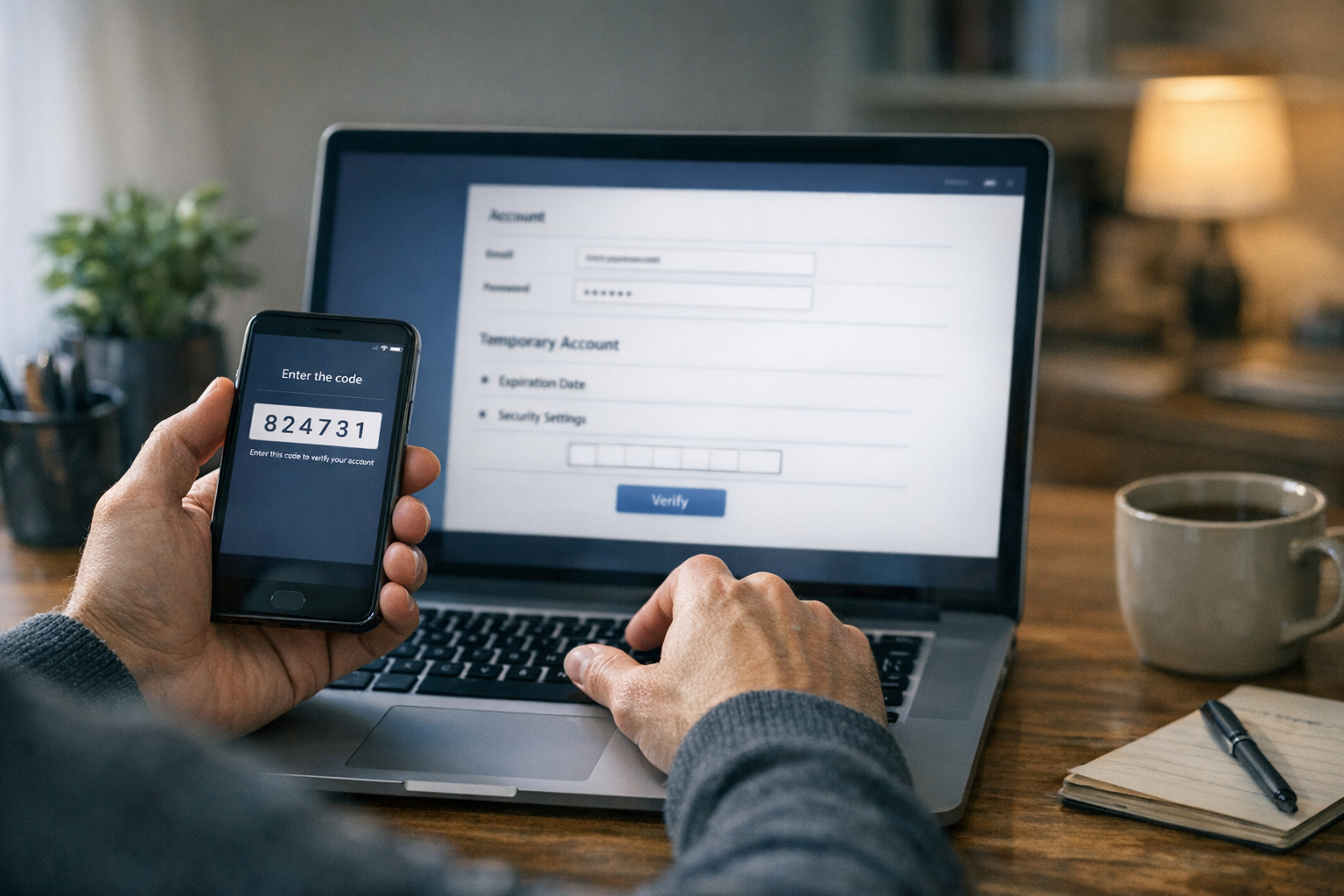 Una persona registrándose en un servicio online desde un portátil mientras consu...