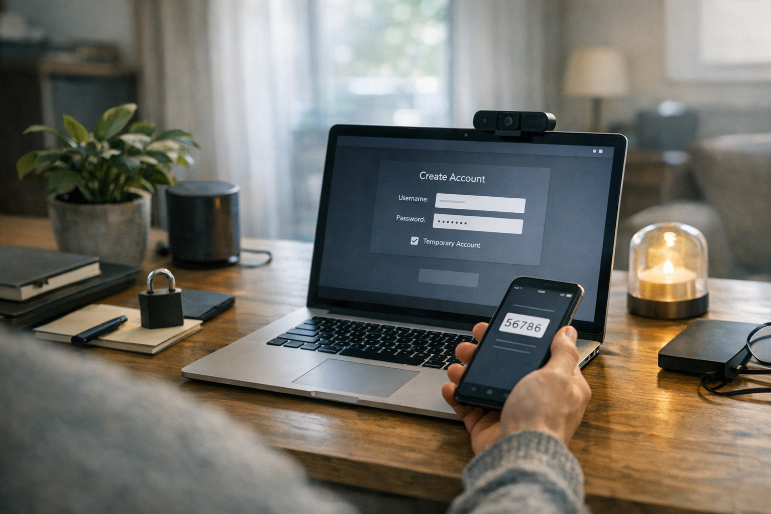 一位用户在家中办公环境里用笔记本电脑注册在线服务，同时查看手机上的验证码，画面 subtly 强调隐私保护和临时账号设置，真实光线，无文字叠加，无水印