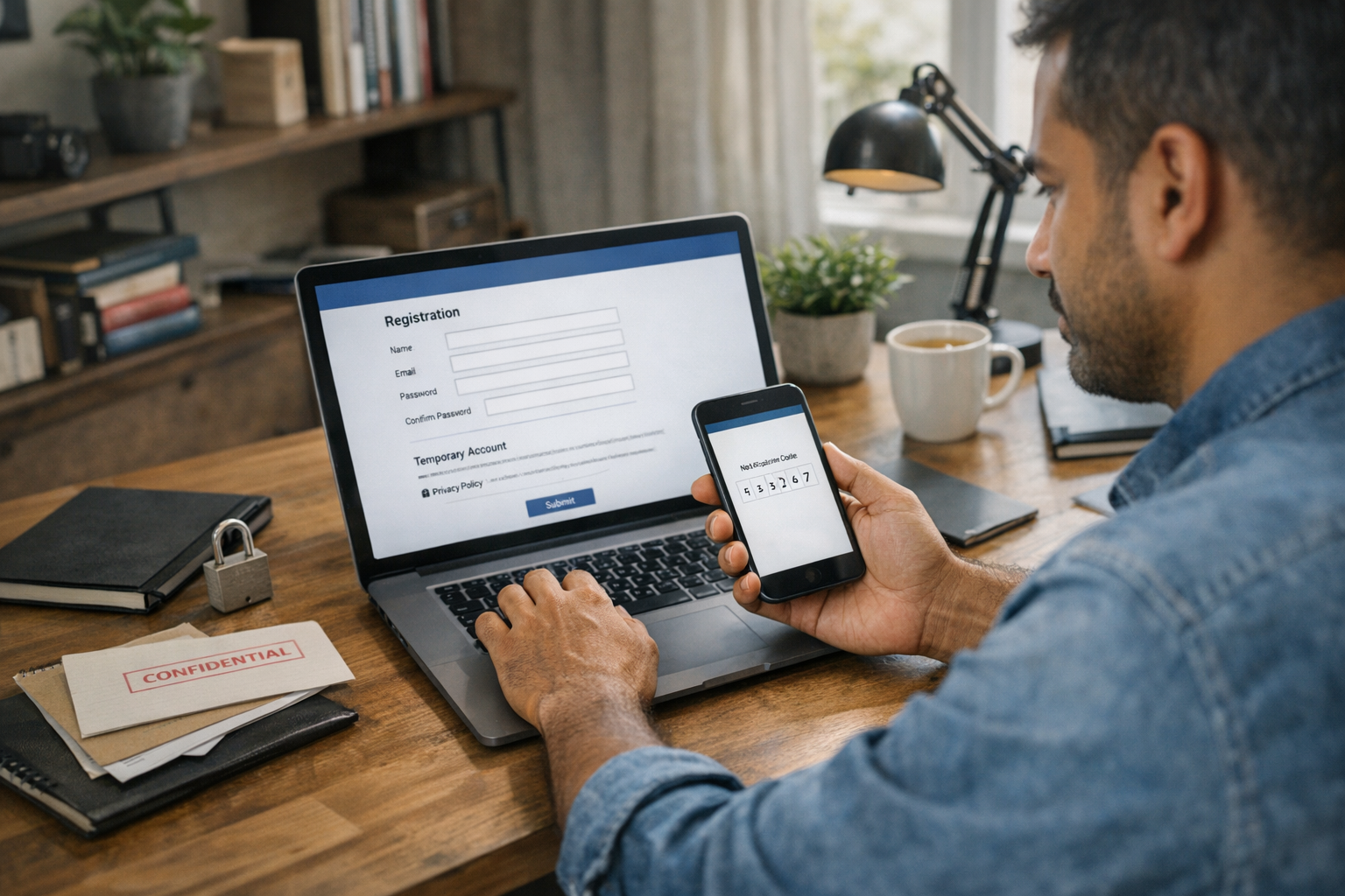 एक व्यक्ति लैपटॉप पर किसी online service के लिए registration कर रहा है और verifi...