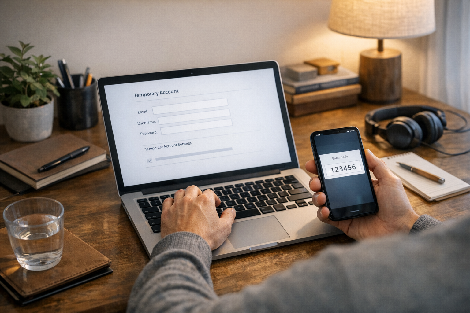 Una persona che si registra a un servizio online dal laptop mentre controlla su ...