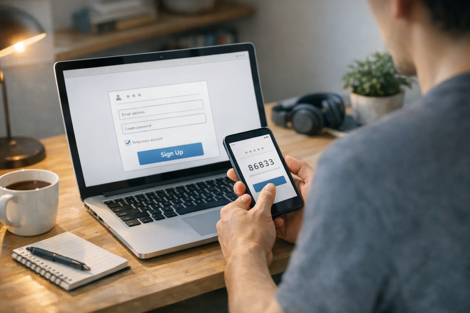 自宅のワークスペースでノートPCからオンラインサービスに登録しながら、スマートフォンで認証コードを確認している人物、プライバシー配慮と一時アカウント設定をさりげ...