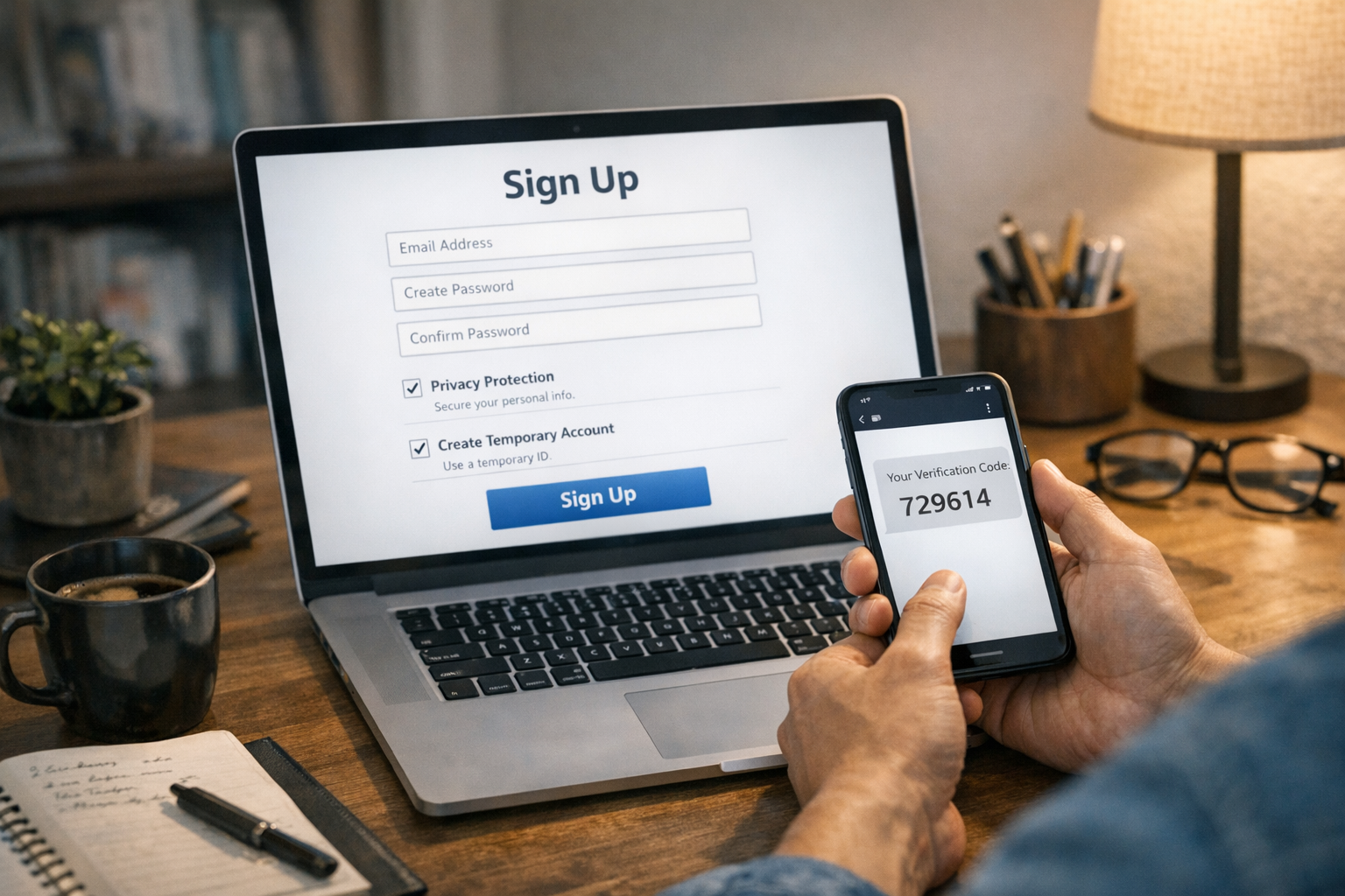 홈오피스 환경에서 노트북으로 온라인 서비스에 가입하면서 스마트폰으로 인증 코드를 확인하는 사람, 개인정보 보호와 임시 계정 설정에 은은하게 초점...