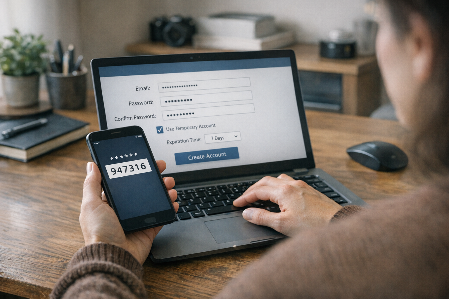 Uma pessoa se cadastrando em um serviço online no notebook enquanto confere um c...