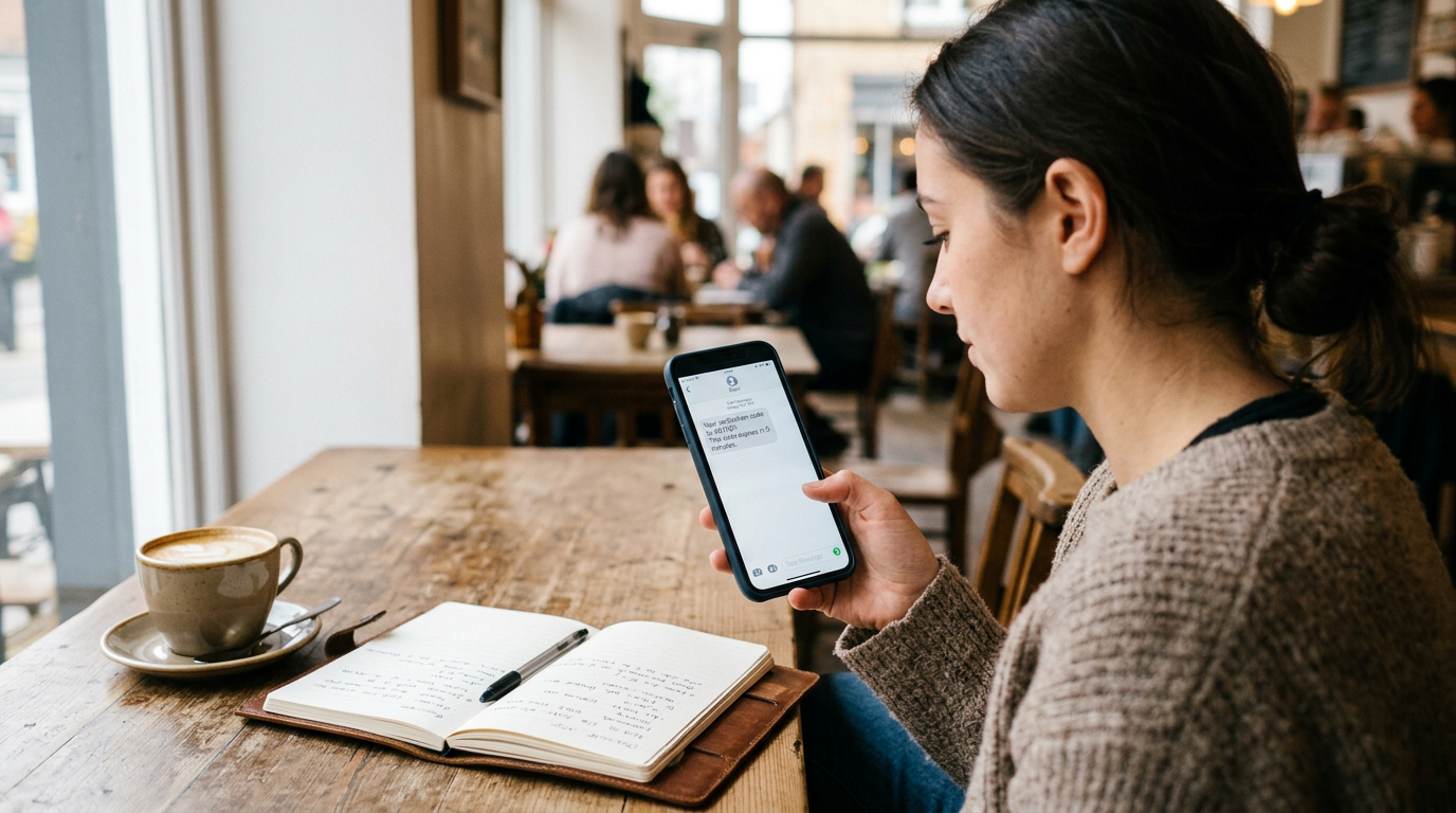 Realistic mobile app usage scene with a person checking a temporary SMS verifica...