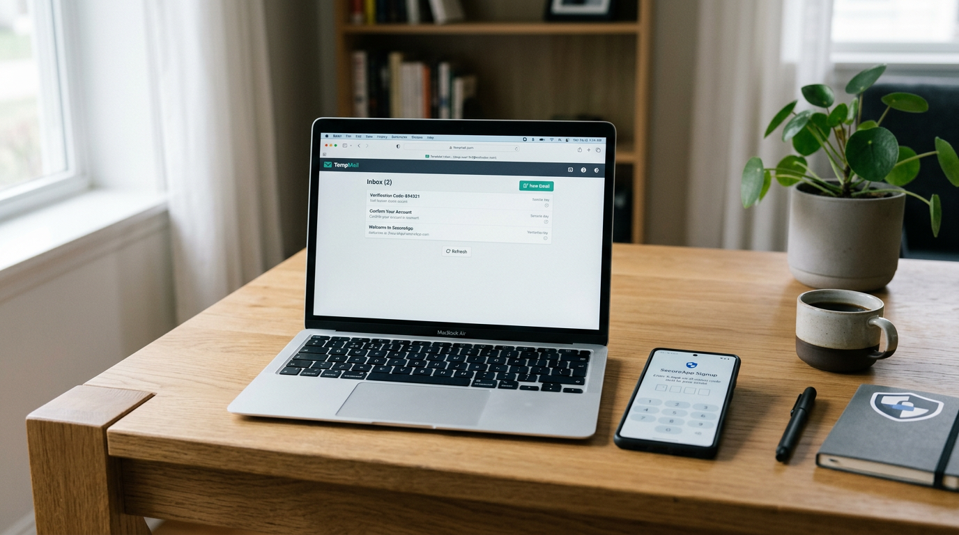 Clean desk setup with laptop showing a temporary email inbox concept and smartph...