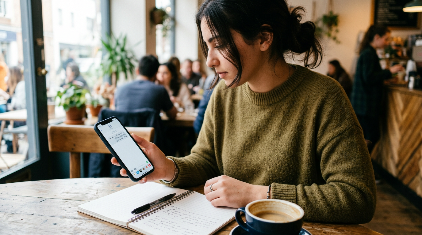 مشهد واقعي لاستخدام تطبيق جوال يظهر شخصًا يتحقق من رمز SMS مؤقت على هاتف ذكي بجا...