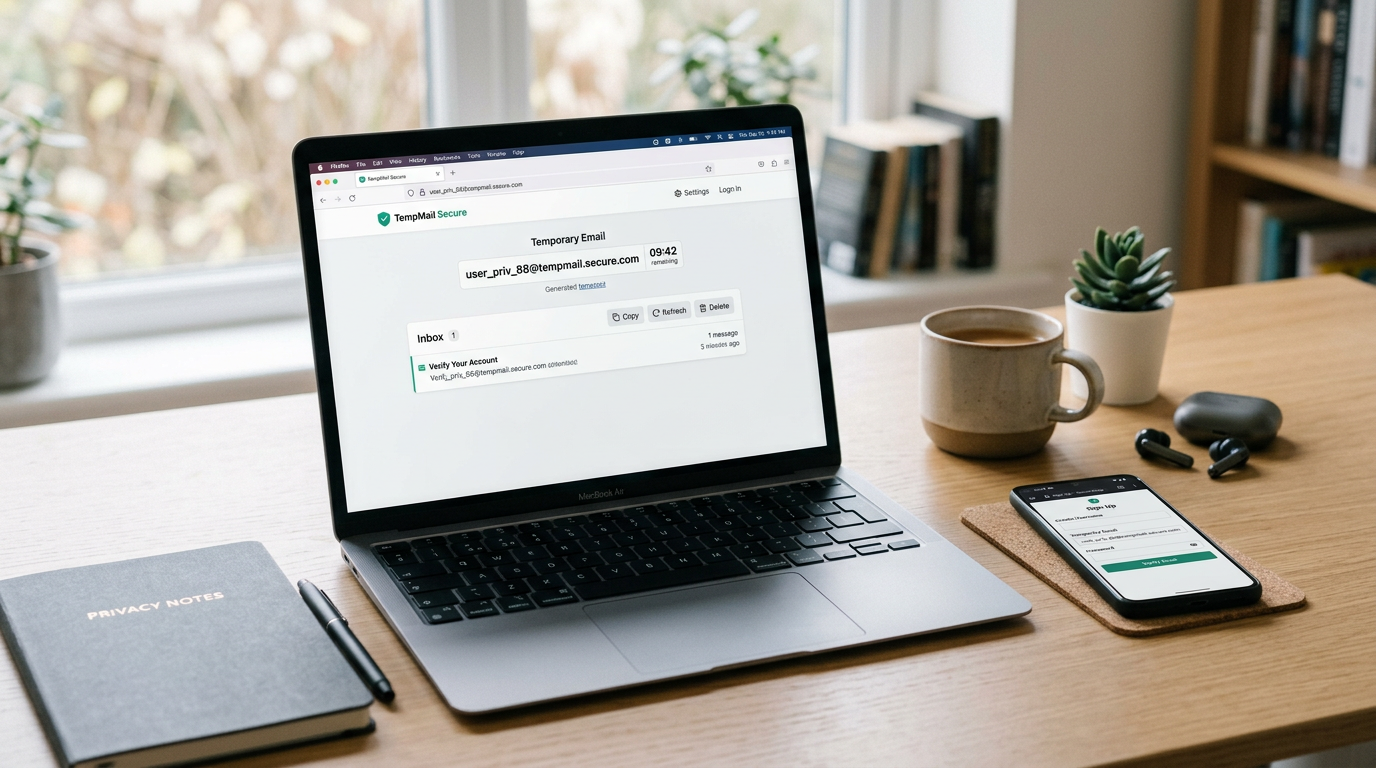 إعداد مكتب نظيف مع حاسوب محمول يعرض مفهوم صندوق بريد إلكتروني مؤقت، وهاتف ذكي قر...