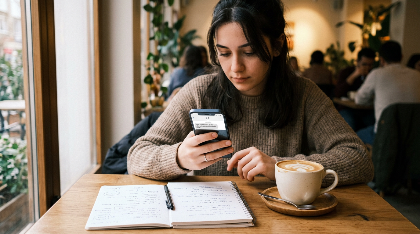 Bir kişinin not defteri ve kahve fincanı yanında akıllı telefonundan geçici SMS ...