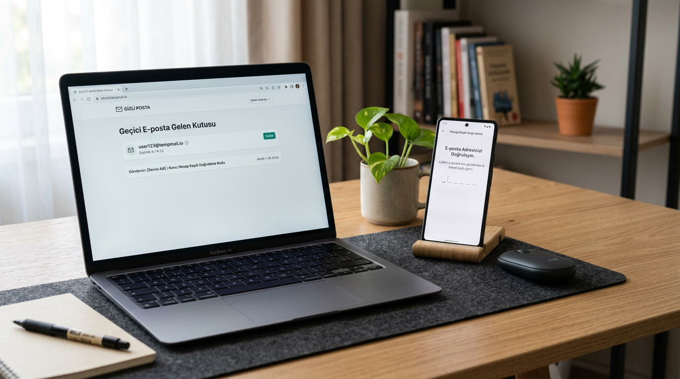 Geçici e-posta gelen kutusu konseptini gösteren dizüstü bilgisayar ve yanında he...