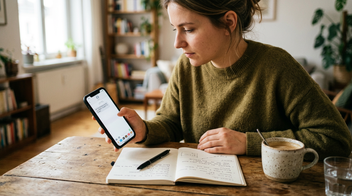 Realistische Szene zur Nutzung einer mobilen App: Eine Person prüft einen tempor...