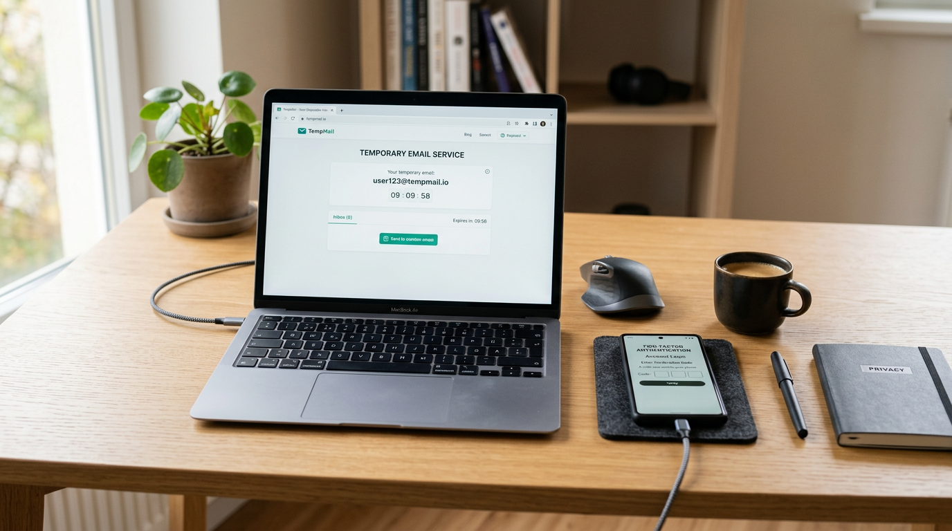 Aufgeräumter Schreibtisch mit Laptop, der das Konzept eines temporären E-Mail-Po...