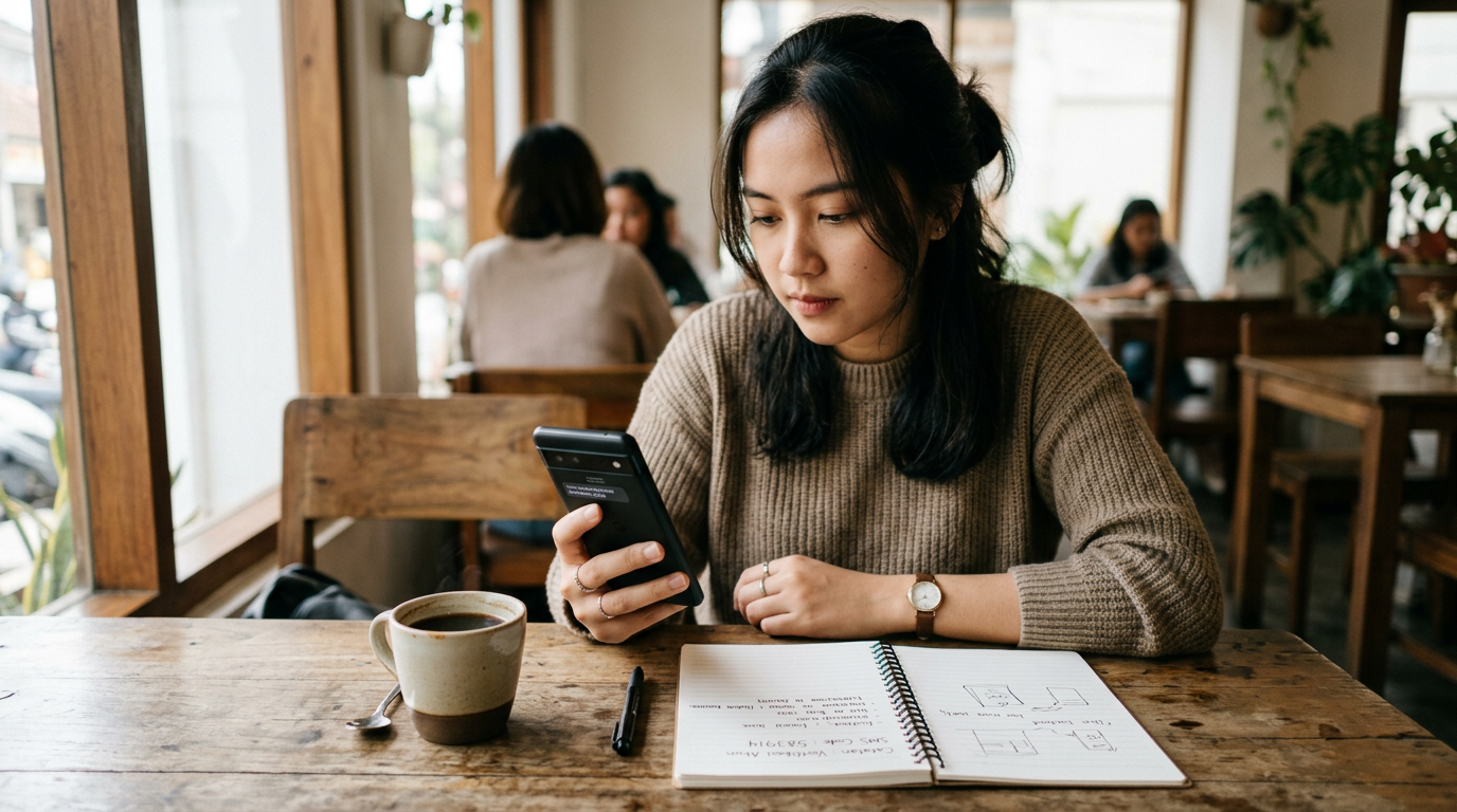 Adegan realistis penggunaan aplikasi seluler dengan seseorang memeriksa kode ver...
