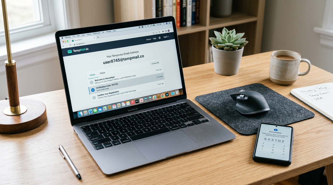 Tata meja kerja yang rapi dengan laptop menampilkan konsep inbox email sementara...