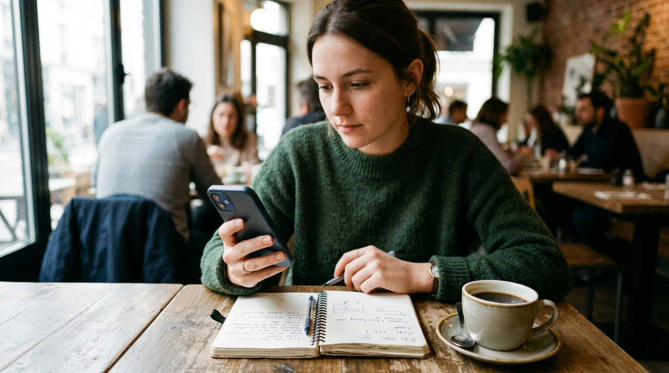 Scène réaliste d’utilisation d’application mobile avec une personne consultant u...