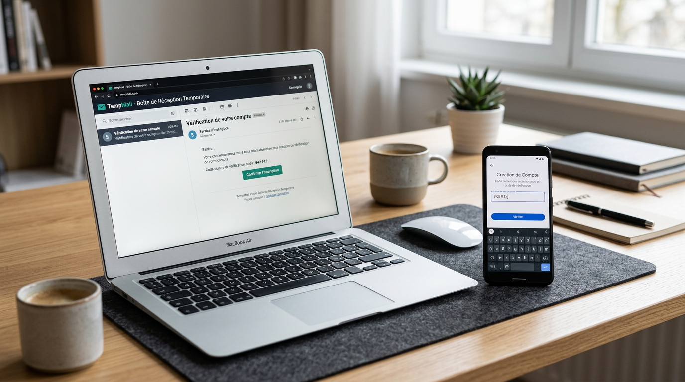 Bureau épuré avec un ordinateur portable illustrant le concept d’une boîte e-mai...