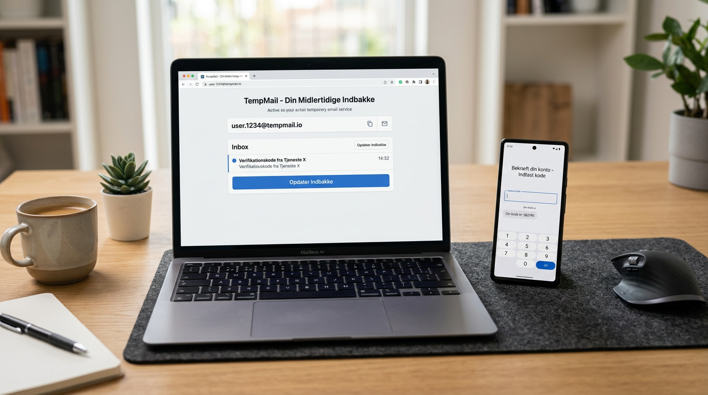 Rent skrivebordssetup med laptop, der viser konceptet for en midlertidig e-maili...