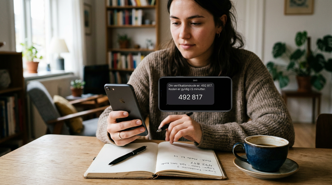 Realistisk scene med mobilapp-brug, hvor en person tjekker en midlertidig SMS-ve...