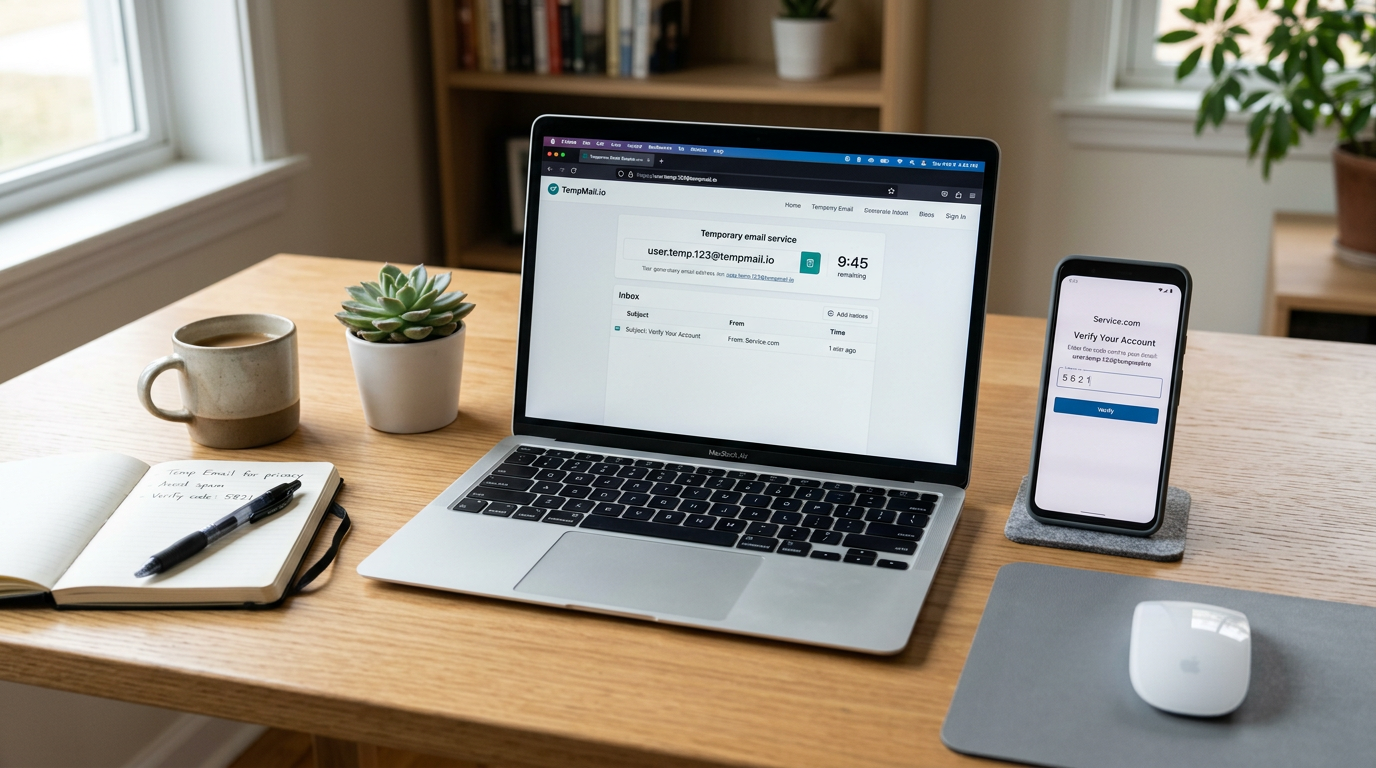 Letisztult íróasztali elrendezés laptoppal, amely ideiglenes e-mail-postafiók ko...