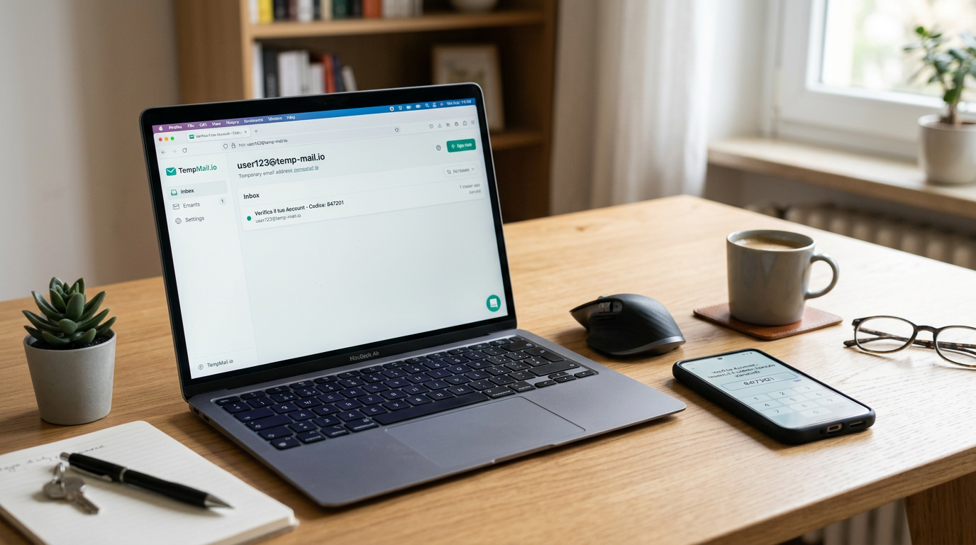 Scrivania ordinata con laptop che mostra il concetto di inbox email temporanea e...