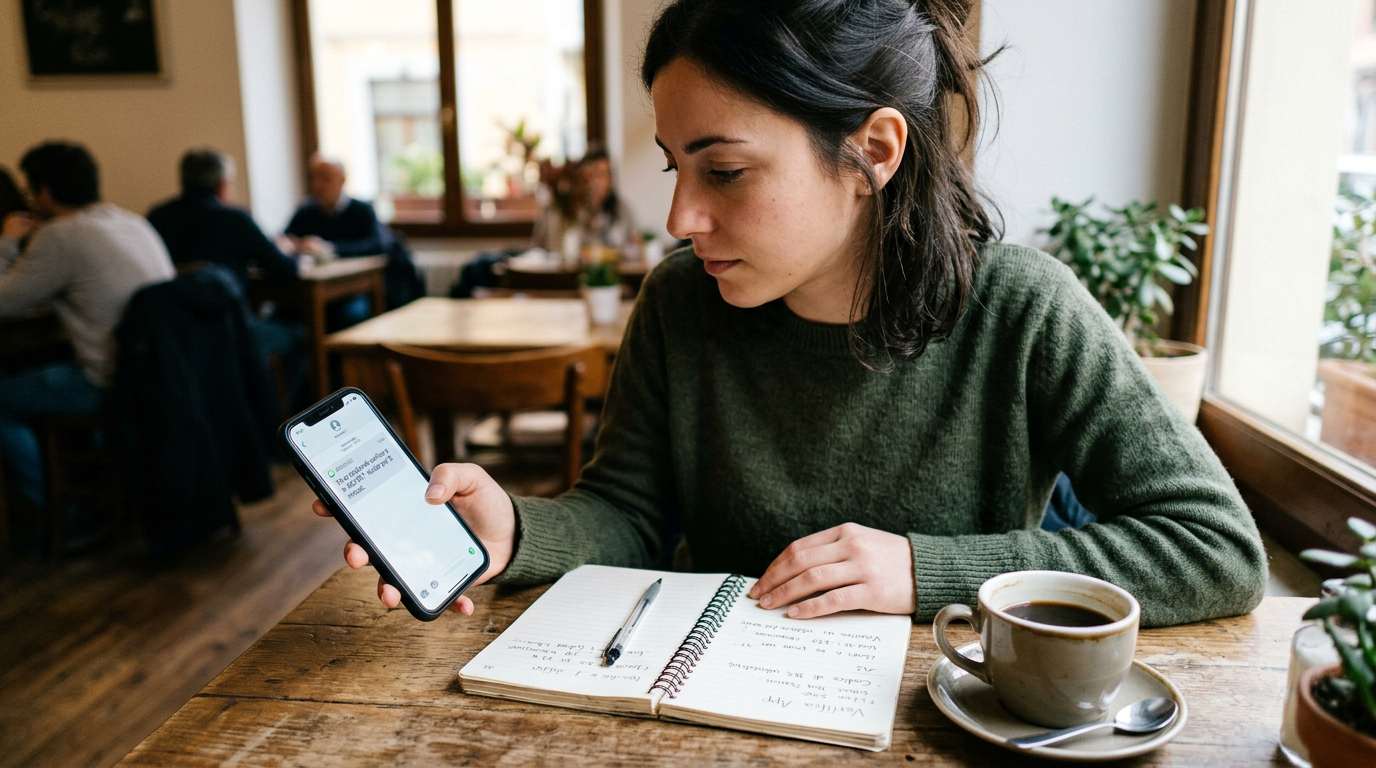Scena realistica di utilizzo di un’app mobile con una persona che controlla un c...