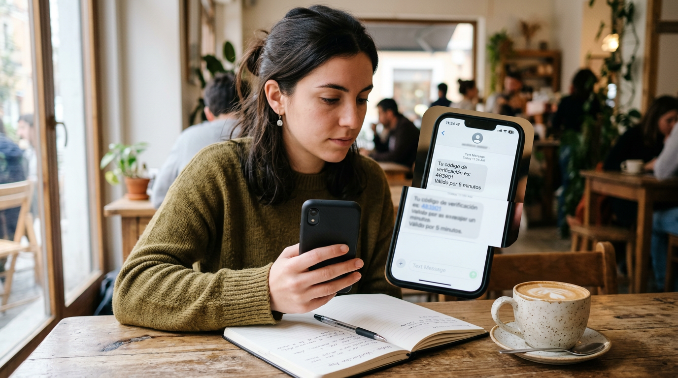 Escena realista de uso de una app móvil con una persona revisando un código temp...