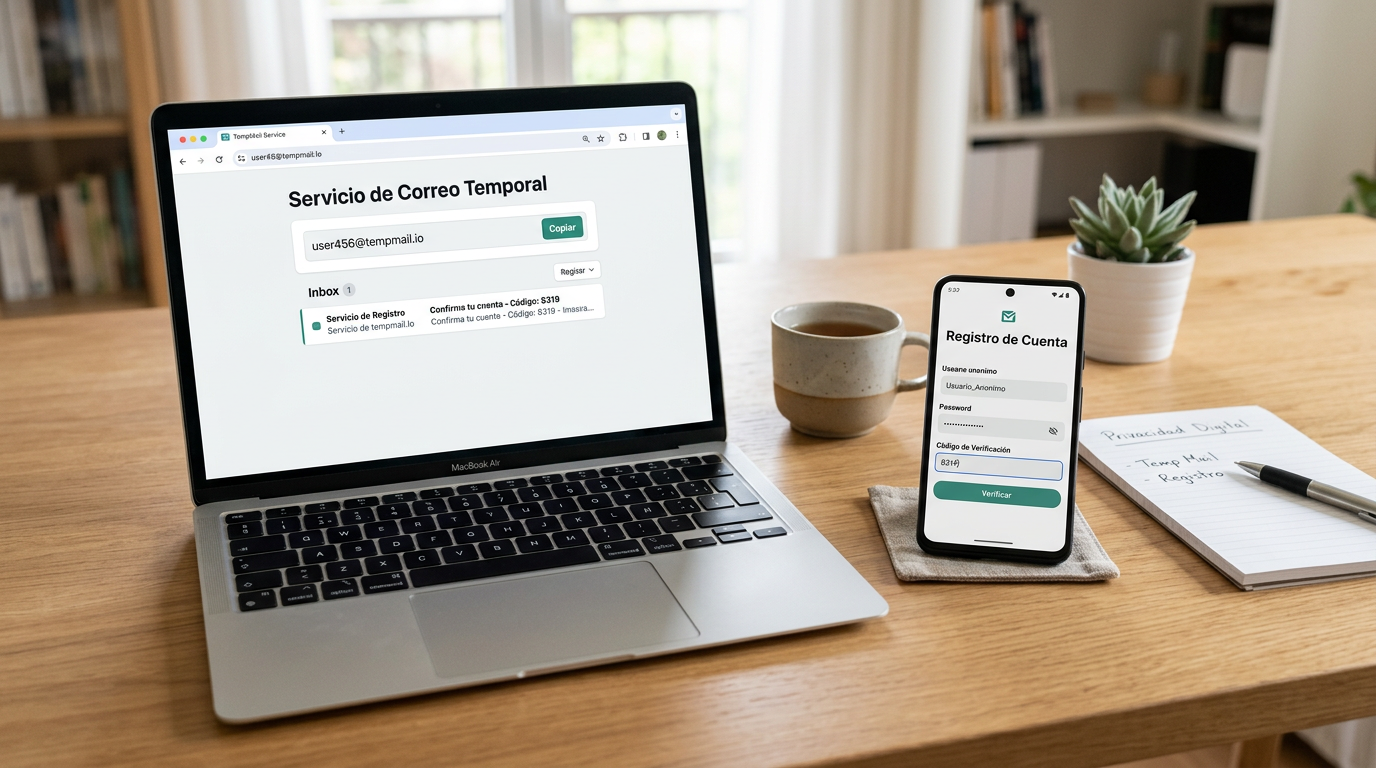 Escritorio ordenado con un portátil mostrando el concepto de una bandeja de corr...