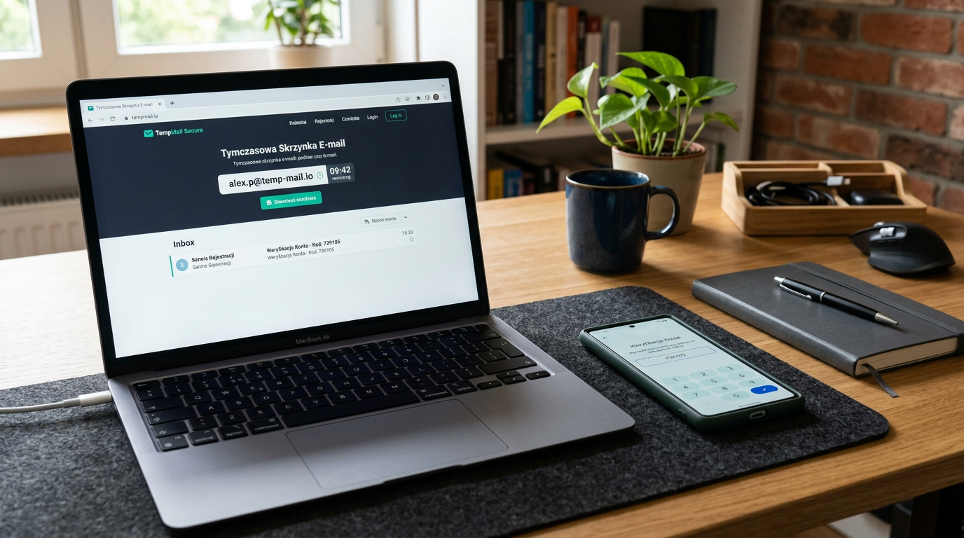 Uporządkowane biurko z laptopem pokazującym koncepcję tymczasowej skrzynki e-mai...