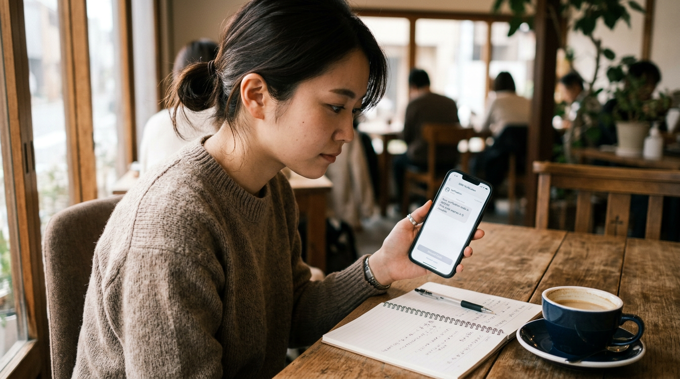 ノートとコーヒーカップのそばで、人物がスマートフォンで一時的なSMS認証コードを確認しているリアルなアプリ利用シーン。画面UIの雰囲気はあるが読めるブランド名は...