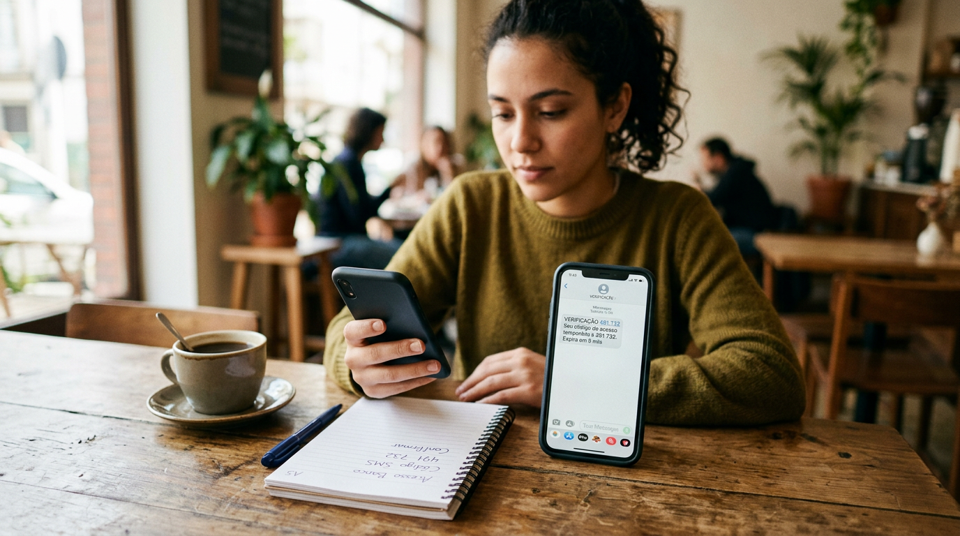 Cena realista de uso de app móvel com uma pessoa verificando um código temporári...
