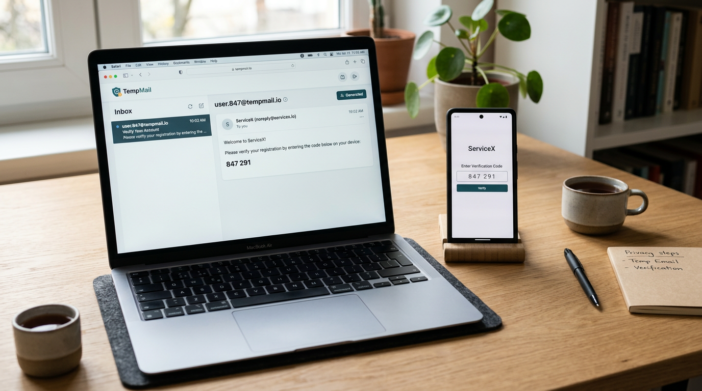 Ren skrivbordsmiljö med laptop som visar ett koncept för en tillfällig e-postink...