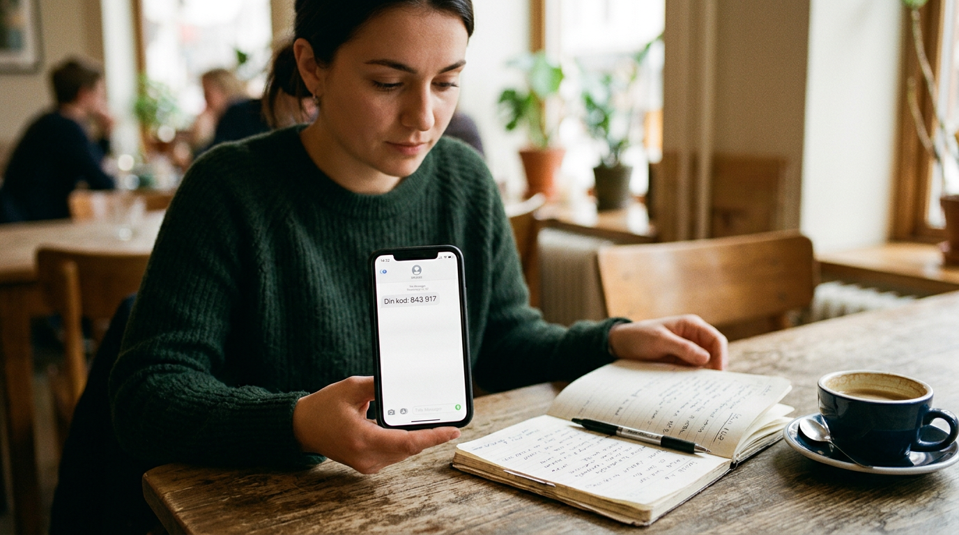 Realistisk scen med mobilapp där en person kontrollerar en tillfällig SMS-verifi...