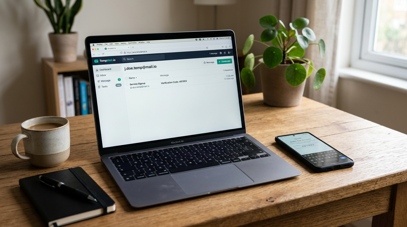 Opgeruimde werkplek met laptop die het concept van een tijdelijke e-mailinbox to...