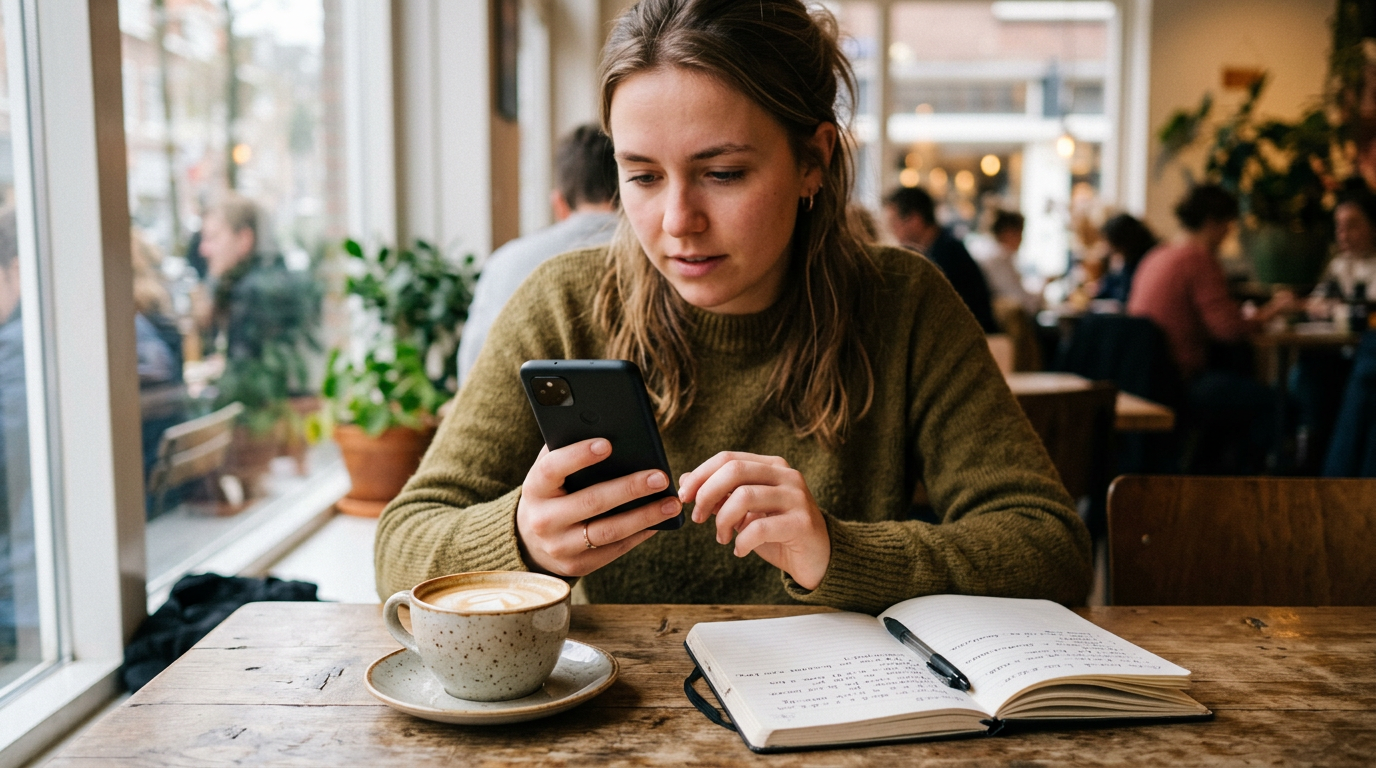 Realistische scène van mobiel app-gebruik met een persoon die een tijdelijke sms...