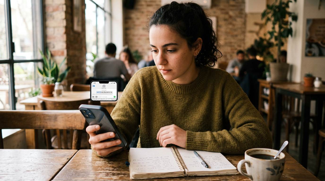 סצנה מציאותית של שימוש באפליקציה בנייד, עם אדם שבודק קוד אימות SMS זמני בסמארטפו...