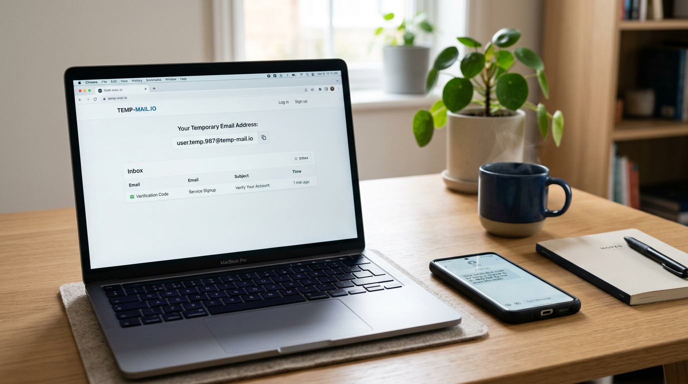 שולחן עבודה נקי עם מחשב נייד שמציג רעיון של תיבת אימייל זמנית וסמארטפון סמוך לצו...