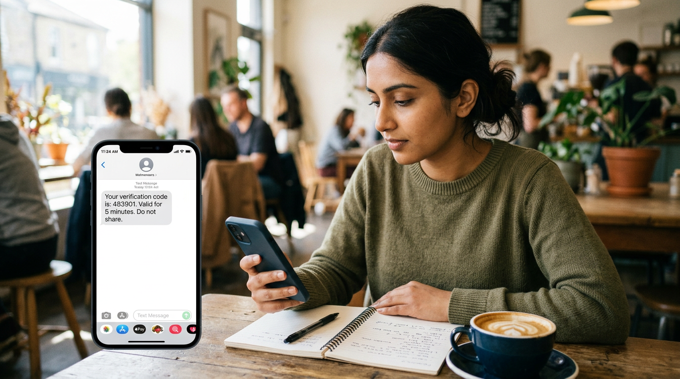यथार्थवादी मोबाइल ऐप उपयोग दृश्य जिसमें एक व्यक्ति नोटबुक और कॉफी कप के पास रखे ...