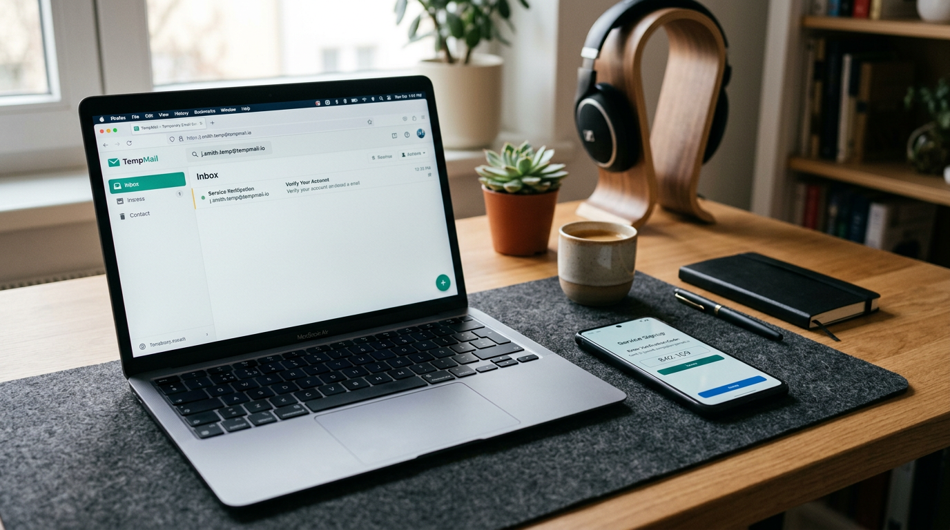 साफ़ डेस्क सेटअप जिसमें लैपटॉप पर अस्थायी ईमेल इनबॉक्स की अवधारणा दिखाई दे रही ह...