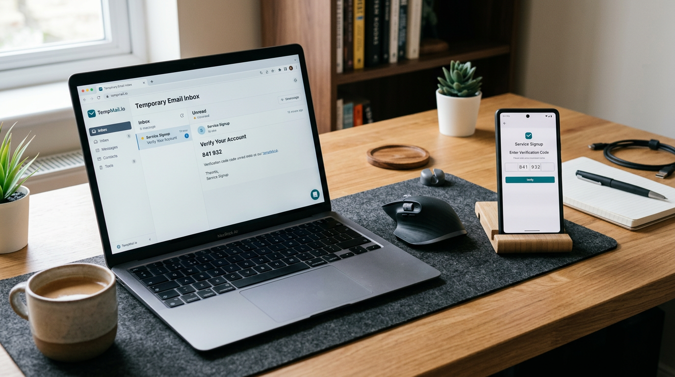 노트북에 임시 이메일 받은편지함 개념이 보이고 근처 스마트폰으로 계정 가입 인증을 진행하는 깔끔한 책상 구성, 실용적인 디지털 프라이버시 테마,...