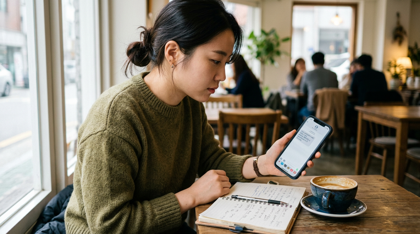노트와 커피컵 옆에서 사용자가 스마트폰으로 임시 SMS 인증 코드를 확인하는 현실적인 모바일 앱 사용 장면, 인터페이스는 암시되지만 읽을 수 있...