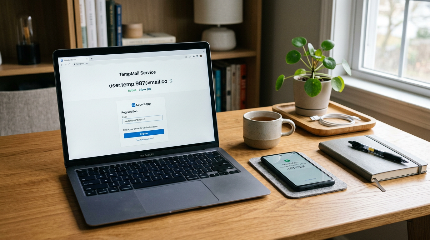 Аккуратное рабочее место с ноутбуком, показывающим концепцию временного почтовог...
