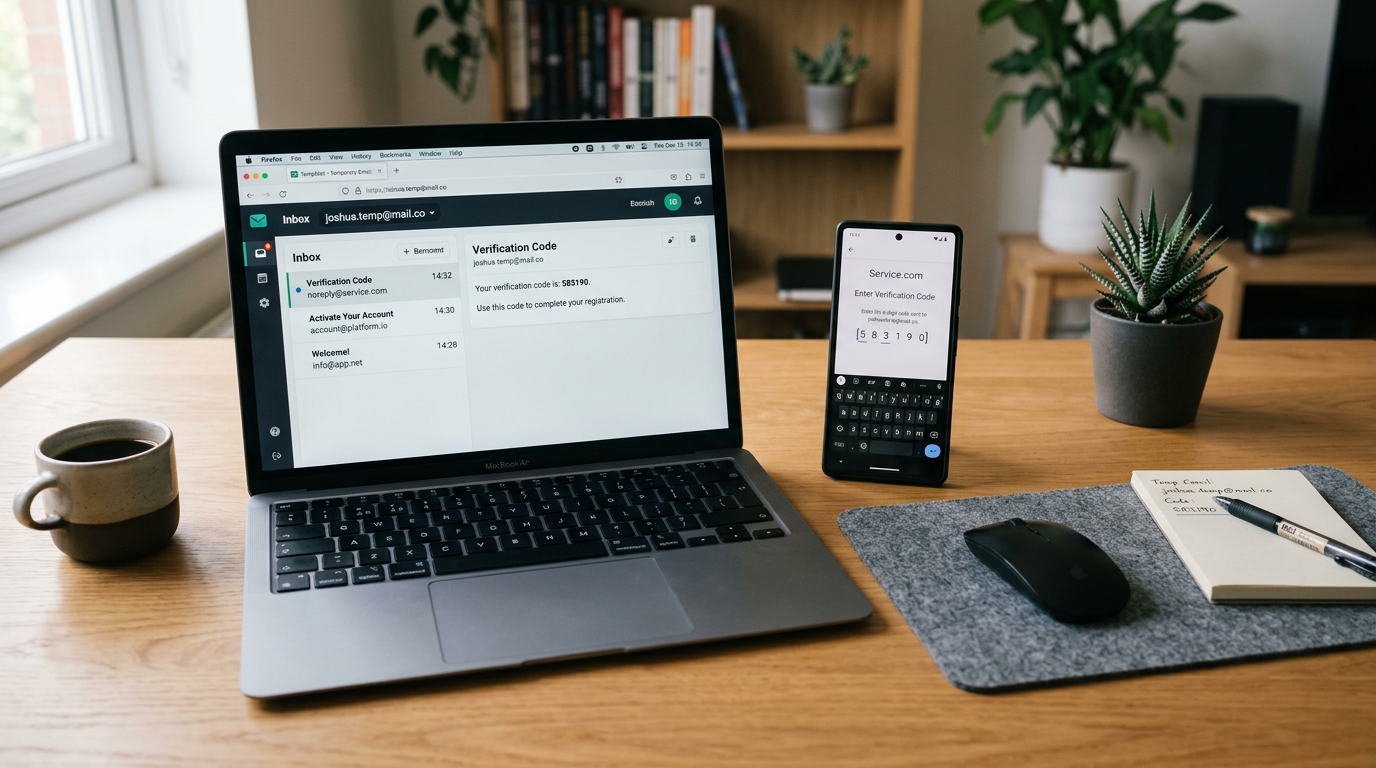 整洁桌面场景：笔记本电脑展示临时邮箱收件箱概念，旁边放着用于账号注册验证的智能手机，突出实用数字隐私主题，真实构图，低饱和配色，无文字叠加或水印。手机背面不能有...