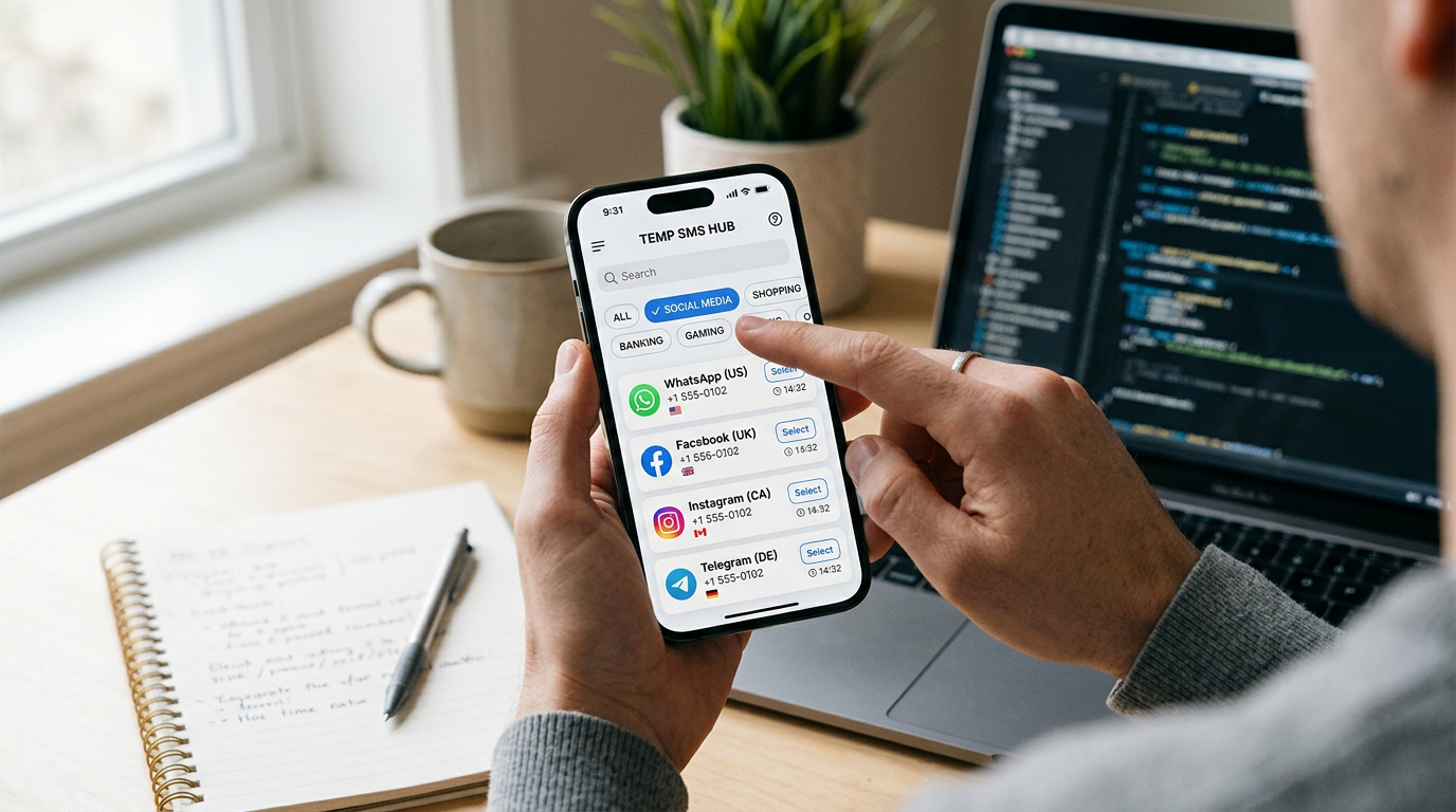 A close-up realistic smartphone app interface browsing categorized temporary SMS...