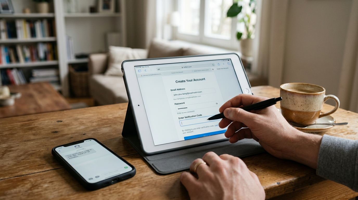 A realistic split-workflow scene showing temporary SMS verification and temporar...