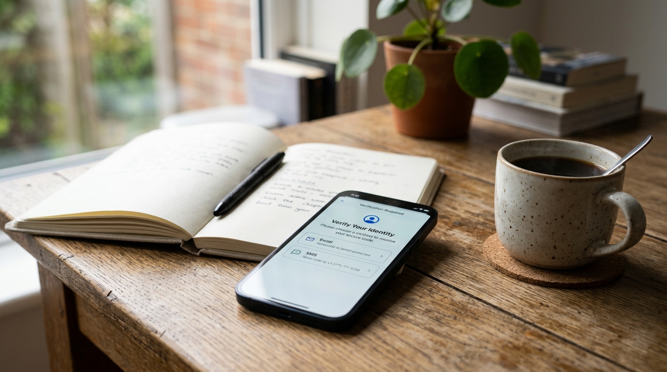 תקריב ריאליסטי של סמארטפון על שולחן לצד מחברת וכוס קפה...