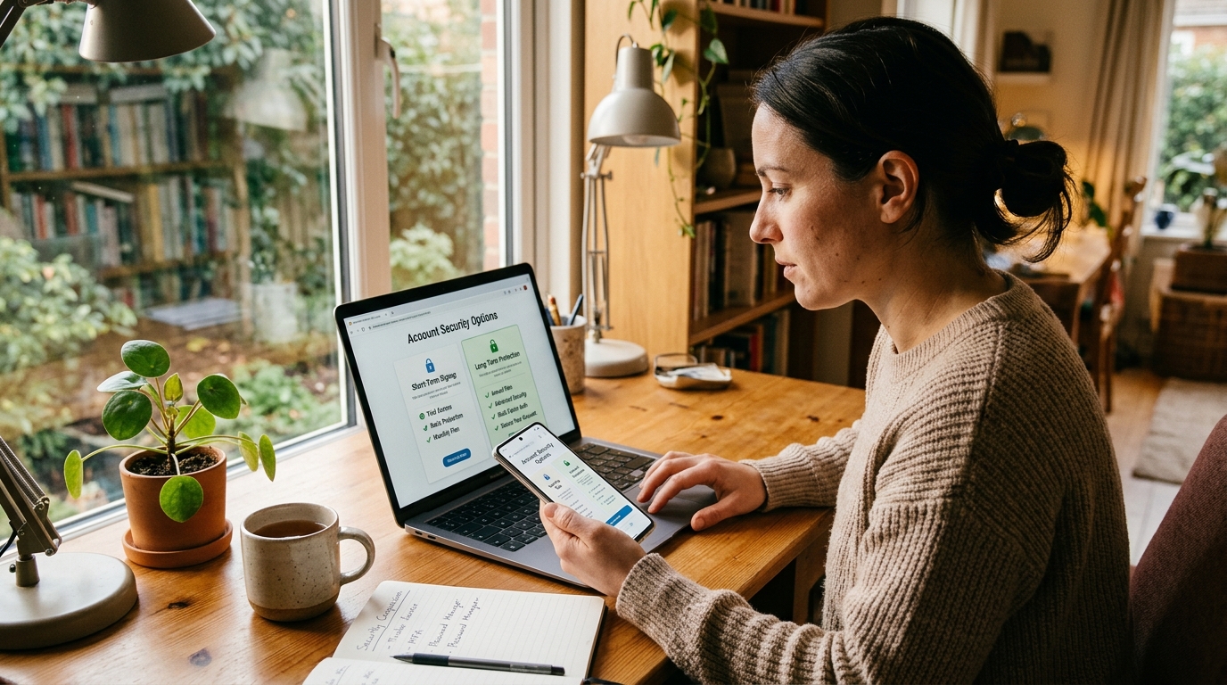 סצנת סביבת עבודה ביתית ריאליסטית עם אדם שמשווה בין אפשרויות אבטחת חשבון...