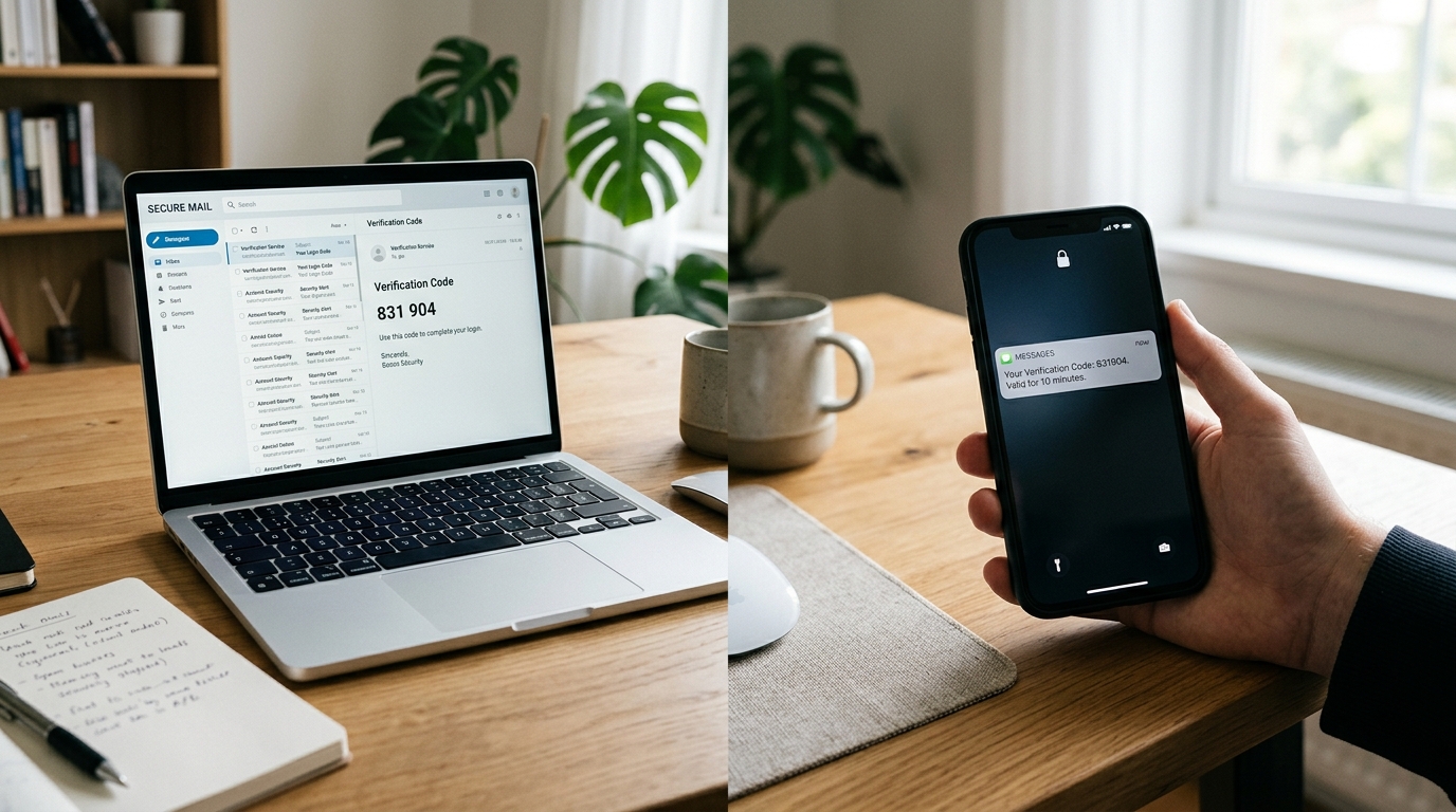 Realistische geteilte Szene eines digitalen Datenschutz-Workflows mit Smartphone für SMS-Verifizierung und E-Mail-Oberfläche