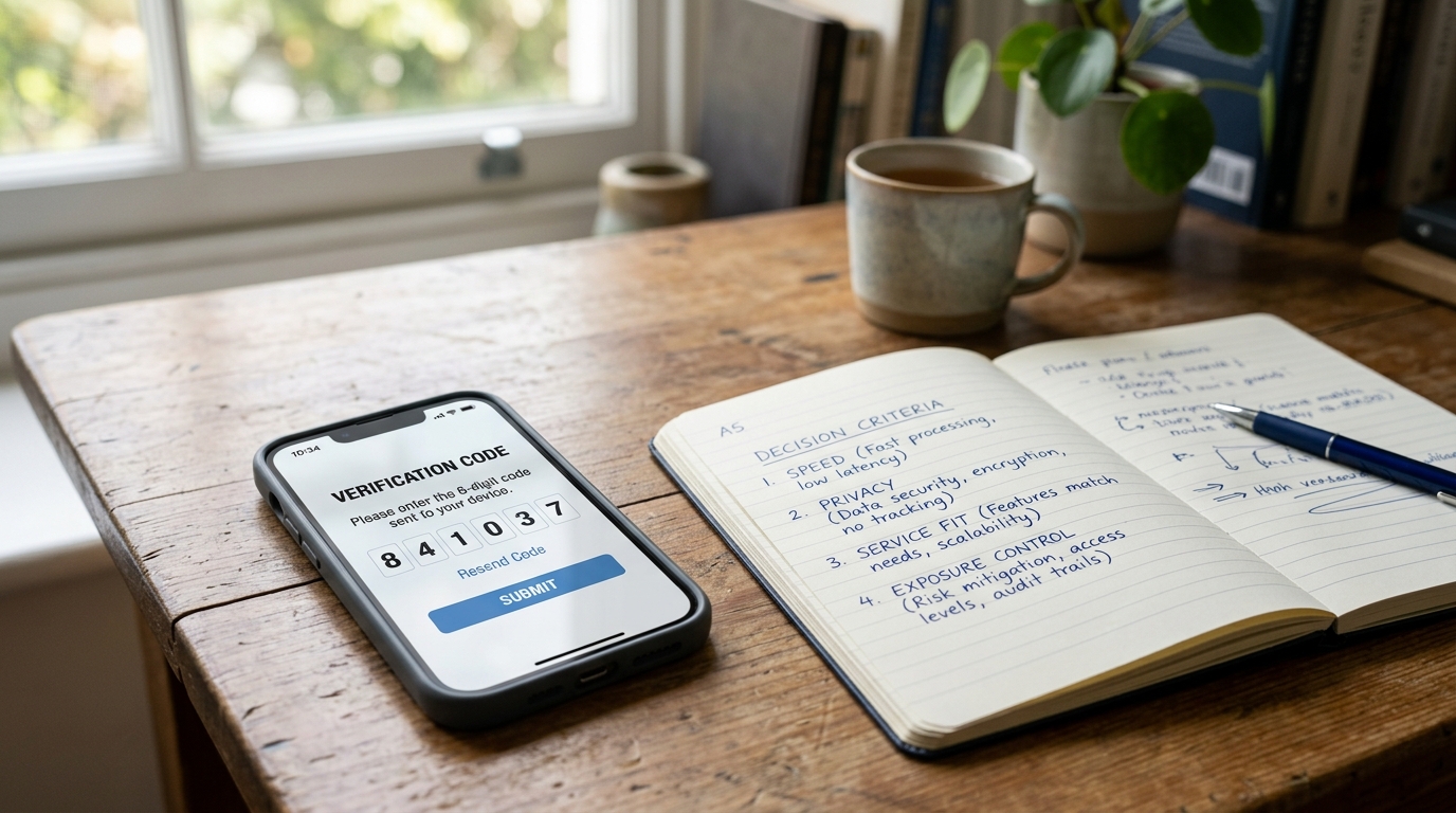 Realistische Nahaufnahme eines Arbeitsplatzes mit einem Smartphone, das eine allgemeine Verifizierungsoberfläche anzeigt