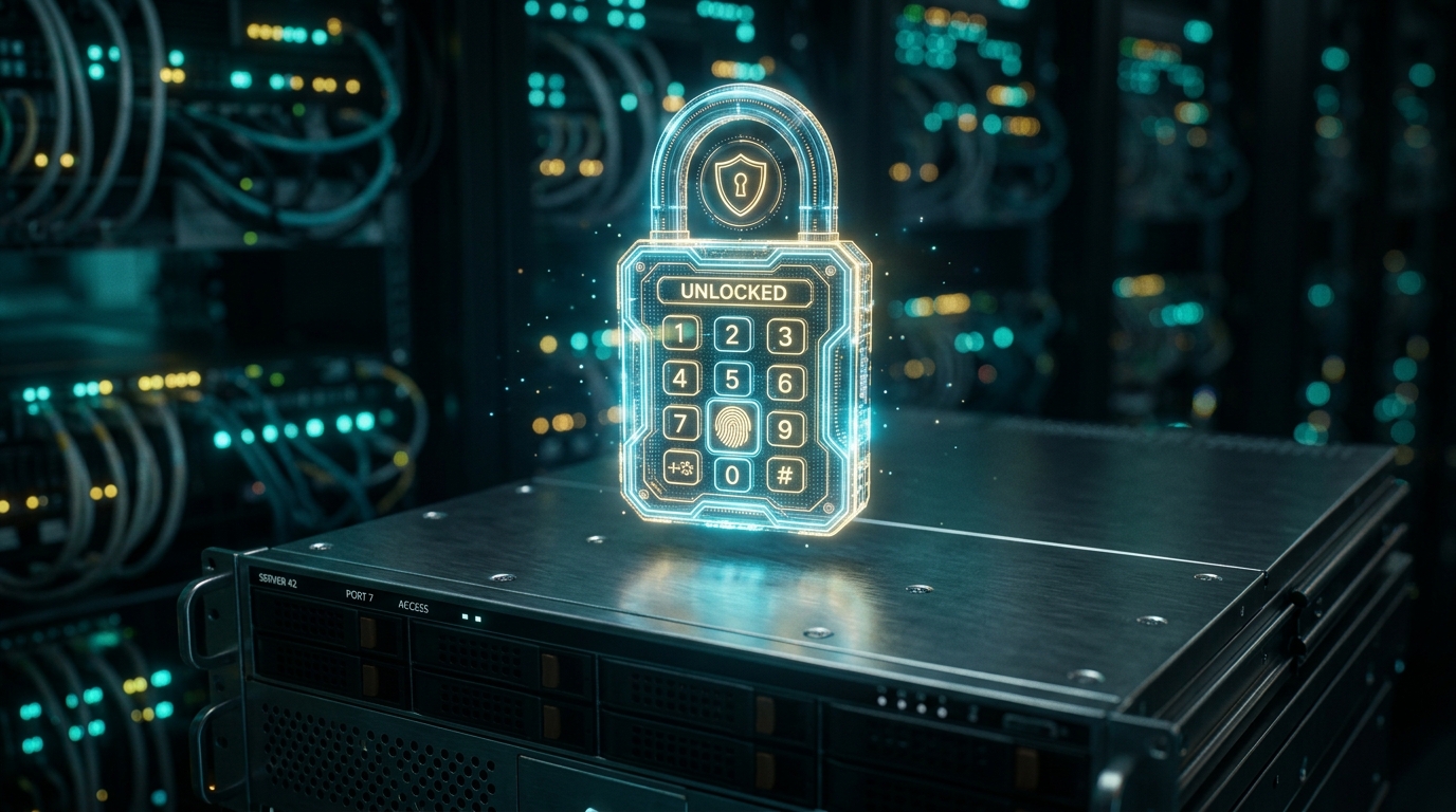 A conceptual image of a glowing digital lock hovering over a network grid.