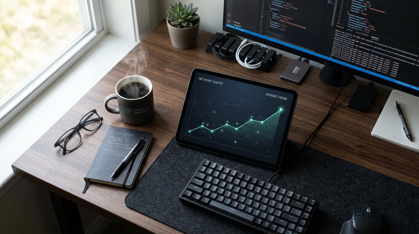 An overhead shot of a tidy, modern infrastructure engineer's desk with a laptop and network hardware.