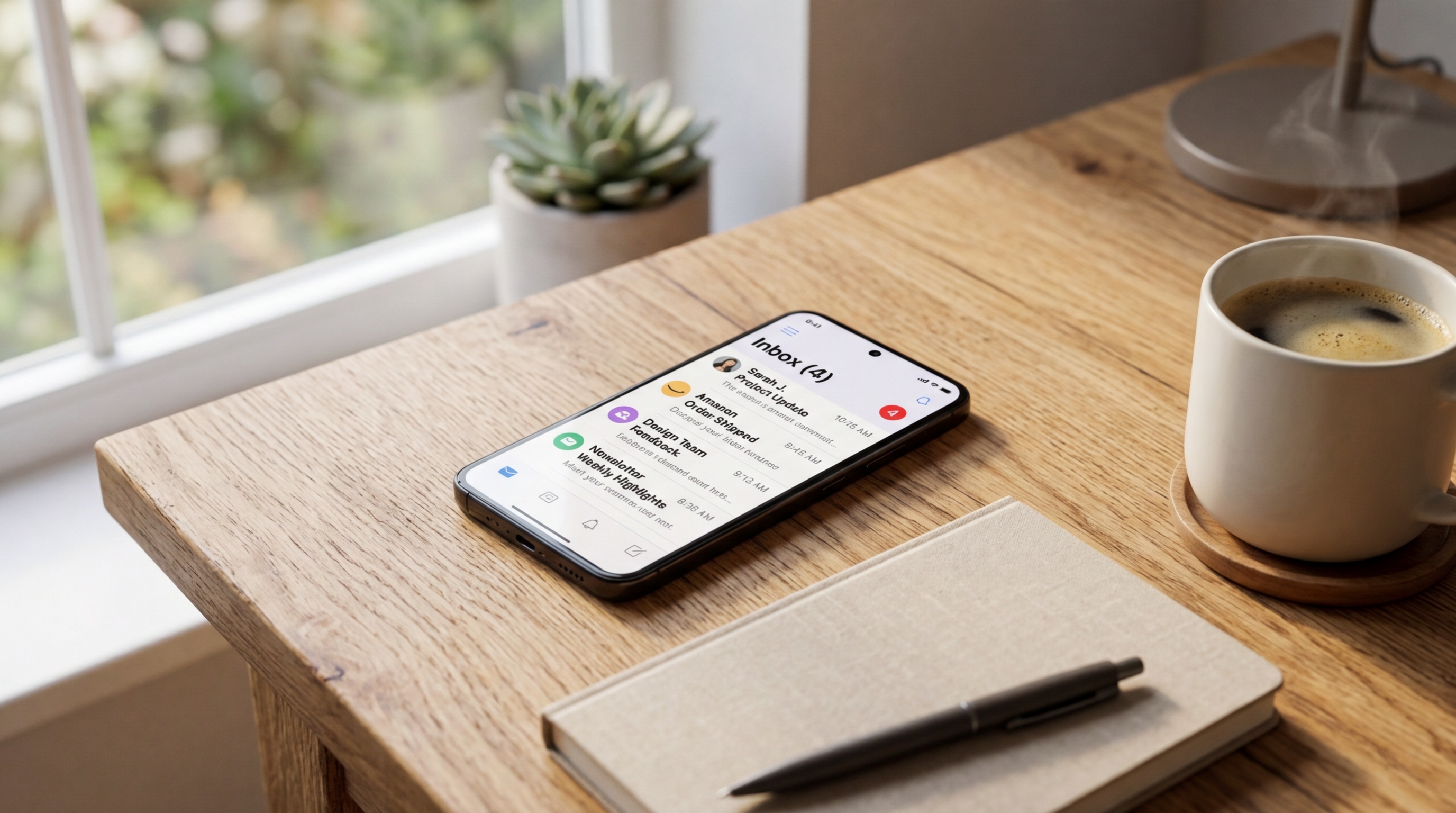 Uno smartphone moderno appoggiato su una scrivania in legno pulita accanto a un taccuino minimalista...